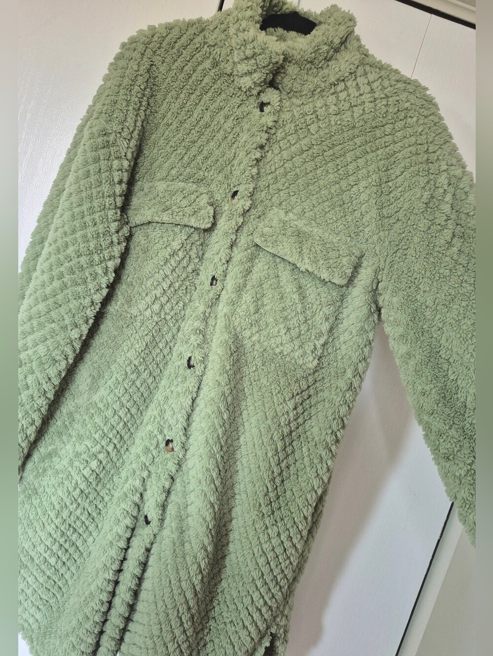 Soft Green Sherpa Coat Jacket - Women's Plush Button-Up